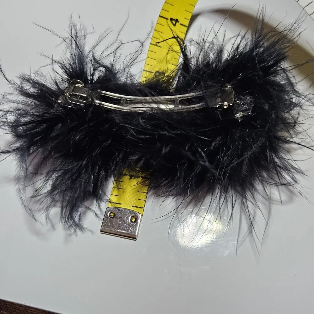 Black Feathery Orange Halloween Pumpkin Barrette Silver Tone